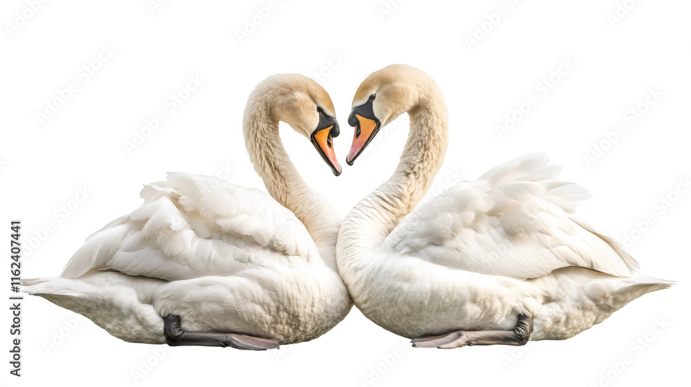 Poster pair of white swans creating heart shape with their necks, isolated on transparent background, symbo