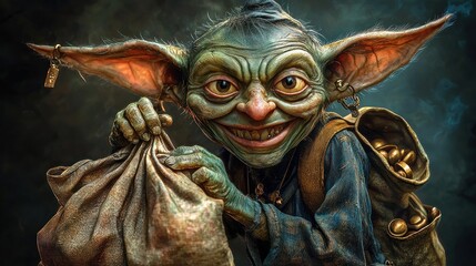 A mischievous goblin holds a bag of gold coins