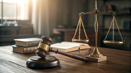 A wooden gavel rests on a table beside a set of scales, symbolizing justice and law. In the background, books are stacked neatly, adding to the legal atmosphere.AI generated.
