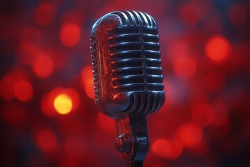 A vintage microphone stands against a blurred red background, symbolizing music and performance.