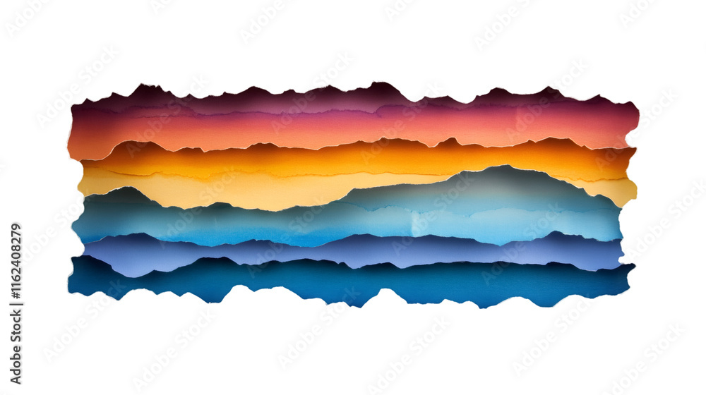 Poster Colorful torn paper stripes are creating a gradient effect on transparent background, ideal for creative projects