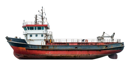 Side view of an old rusty cargo ship sailing on a transparent background, perfect for maritime and transportation projects