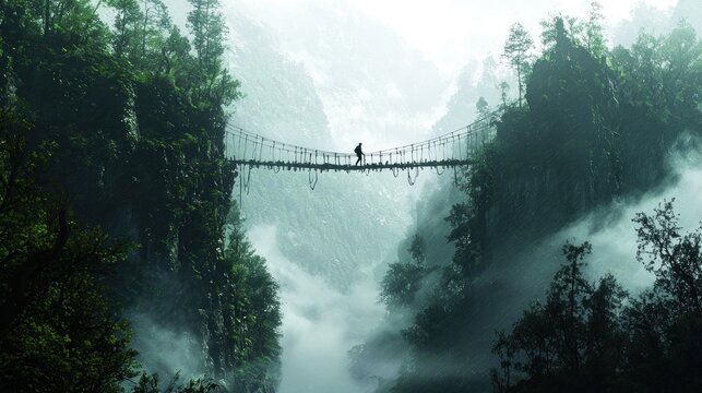Fototapeta A lone hiker crosses a misty mountain rope bridge