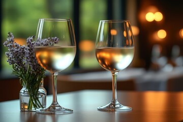 Two elegant wine glasses beside a small vase of flowers in a cozy restaurant setting.