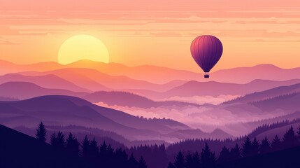 Fototapeta premium Hot Air Balloon Soaring Over Majestic Purple Mountains at Sunset