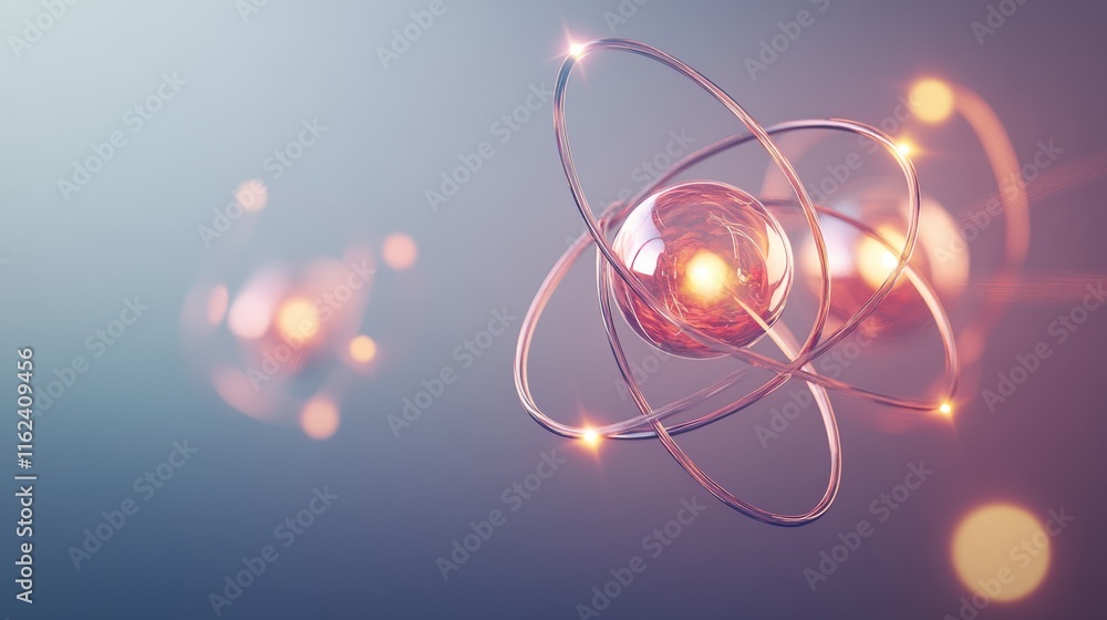 Poster 3d model of atom with glowing particles.