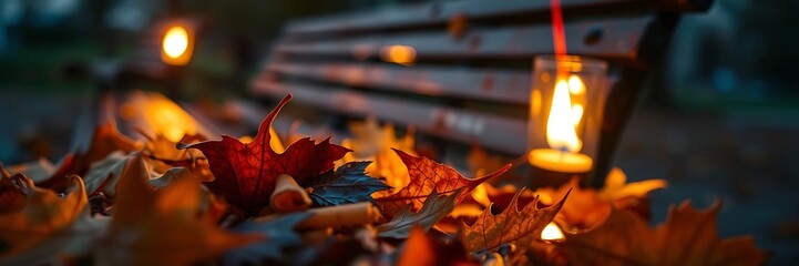Empty wooden bench in colorful autumn park. Perfect for fall-themed designs and seasonal promotions.