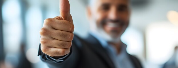 Businessman in suit giving thumbs up gesture in office, symbolizing approval, success and positivity