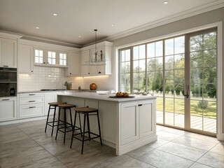 Obraz premium Modern kitchen design featuring a spacious island and ample natural light, perfect for interior design inspiration