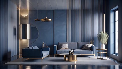 Minimalist interior design of modern living room with metallic navy blue wall