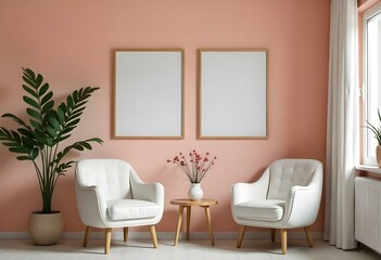 Fototapeta premium Two white armchairs with wooden legs in a minimalist living room with pink walls, two empty frames on the wall, and a small round wooden table with a potted plant