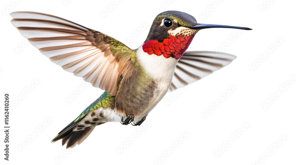 Poster Beautiful ruby-throated hummingbird with open wings hovering in the air, isolated on transparent background