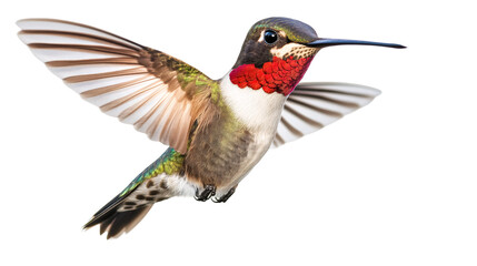 Fototapeta premium Beautiful ruby-throated hummingbird with open wings hovering in the air, isolated on transparent background
