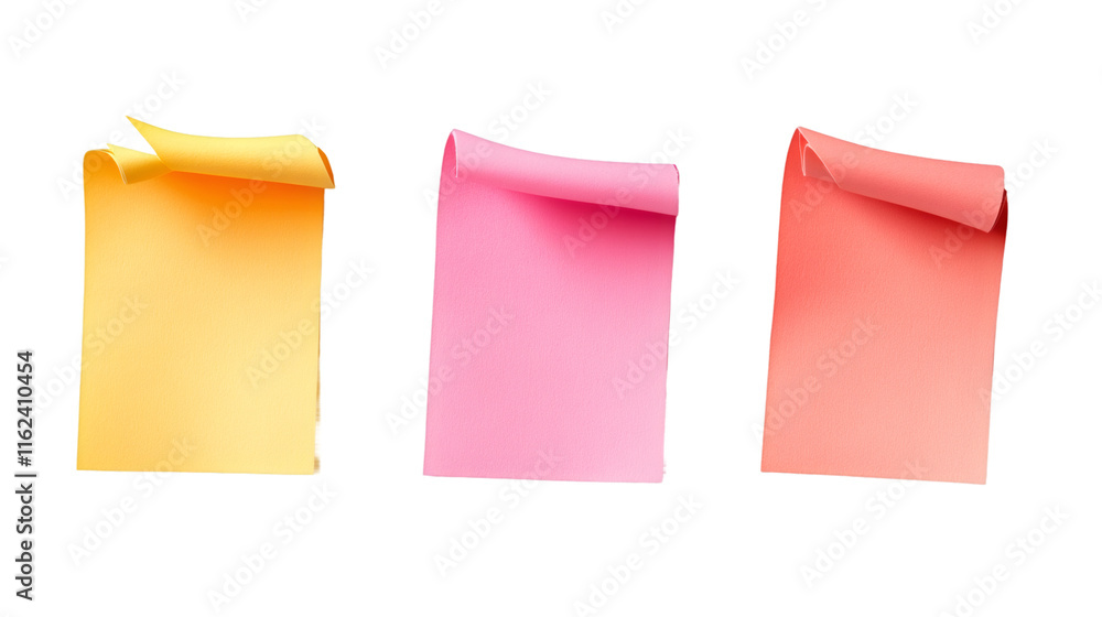 Poster three blank sticky notes with curled corner, yellow, pink and red, isolated on transparent backgroun