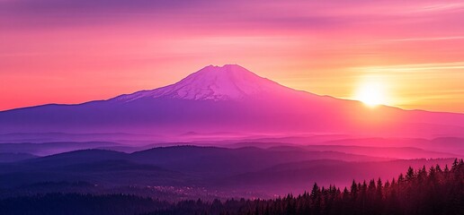 Naklejka premium Majestic sunrise over a snow-capped mountain range.