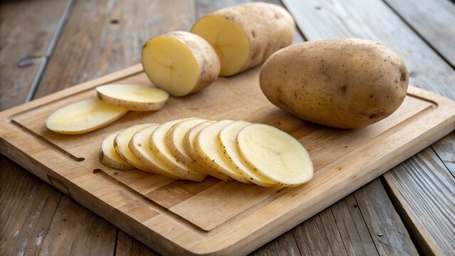 Sliced ​​potatoes and potato on a cutting board - Powered by Adobe