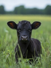 A young black calf stands in a lush green field, gazing curiously at the viewer.