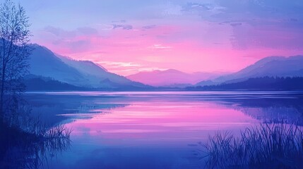 Fototapeta premium Serene Pink Sunset Over Calm Mountain Lake