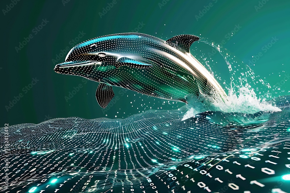 Poster digital dolphin leaps through binary ocean data stream