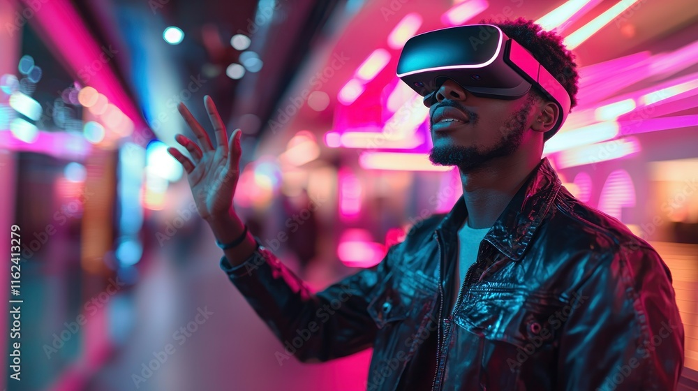 Poster a person using a virtual reality headset in a vibrant setting.