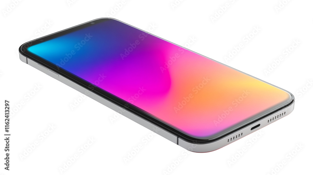 Poster White smartphone displaying vibrant gradient screen, featuring sleek rounded corners against transparent backdrop