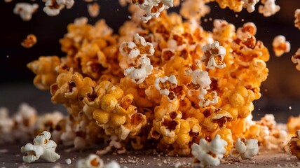 A dramatic close-up of popcorn exploding with vibrant orange lighting and scattered kernels in mid-air