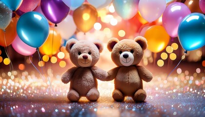 Adorable Teddy Bears Balloons Festive Background Birthday Party