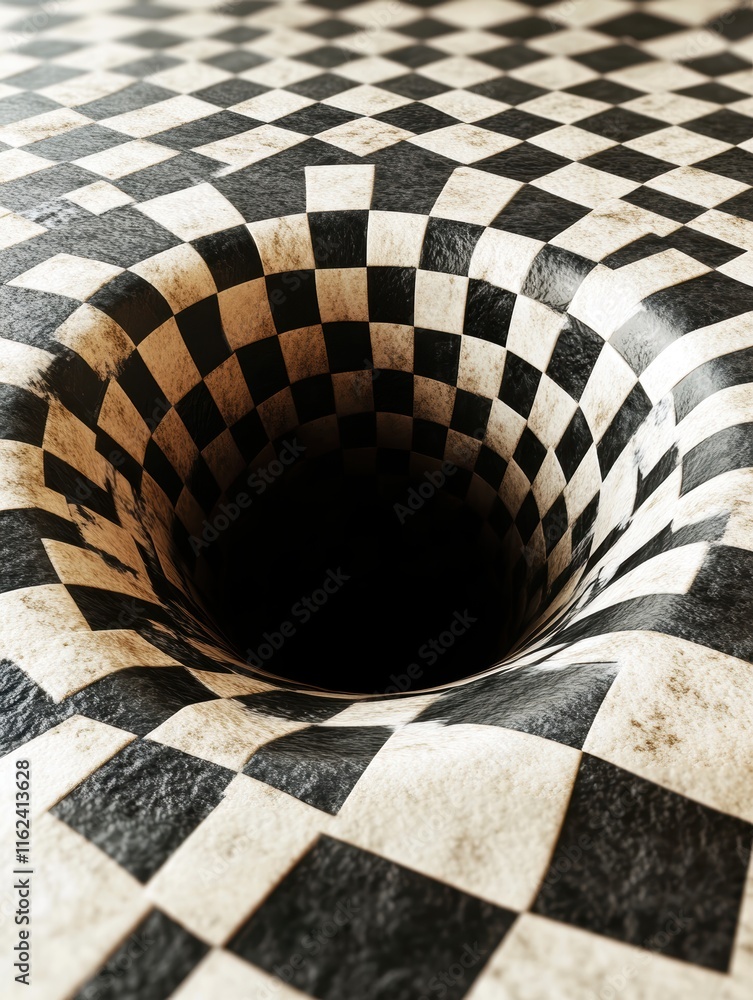 Poster a mesmerizing black and white checkerboard pattern spiraling into a deep hole.