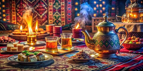 Fototapeta premium Immerse yourself in Central Asian tradition with a Ramadan feast: Uzbek tea, delightful desserts, and genuine hospitality.