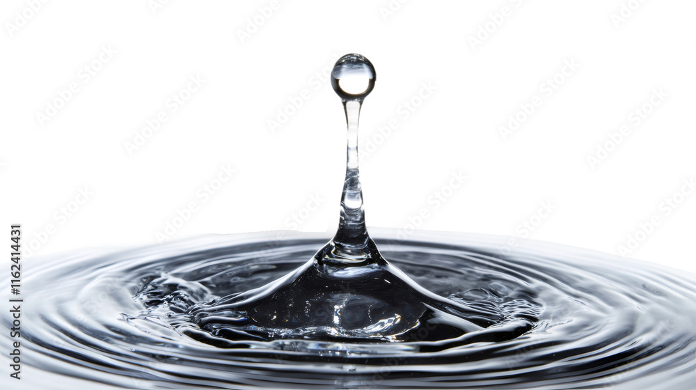Fototapete Close-up of clear water drop splashing into calm water surface, creating ripples and a transparent background