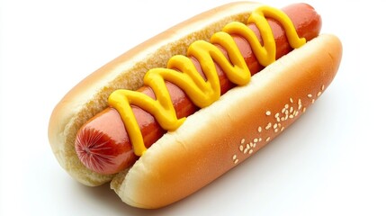 This image features a mouthwatering hot dog topped with mustard in a sesame seed bun, offering a perfect representation of a classic and flavorful street food item.