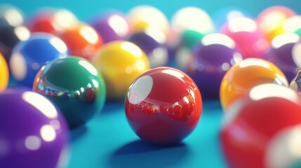 A collection of vividly colored and glossy spheres scattered across a vibrant blue surface, creating a lively and playful atmosphere filled with contrast.