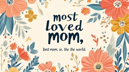 A beautifully designed card with a heartfelt message 'most loved mom, best mom in the world' surrounded by bright and colorful floral illustrations.