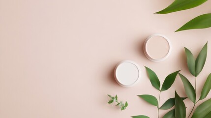Two Cream Jars with Green Leaves on Pink Background