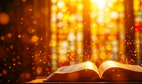 Open holy book glowing with light and particles. - Powered by Adobe