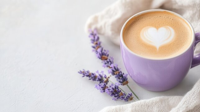 Cup of coffee with a heart-shaped design alongside lavender flowers on a light background in a cozy setting  latte with lavender decoration in a vibrant purple cup