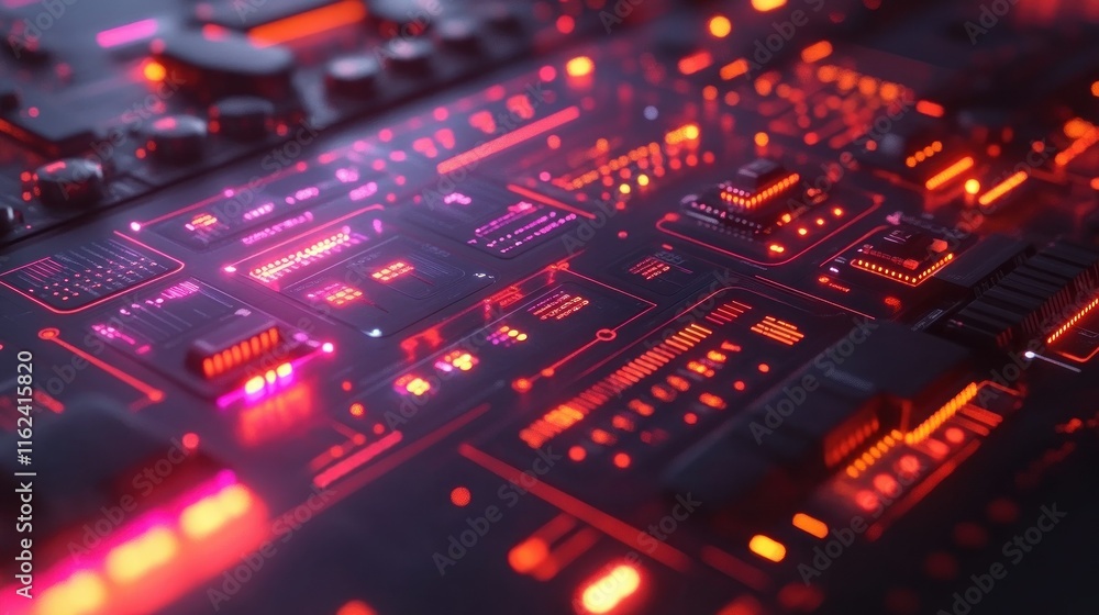Poster abstract circuit board with glowing lights and patterns.