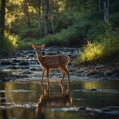 A fawn standing near a sparkling forest stream with soft morning light.