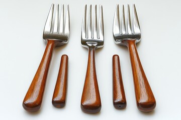 A set of four forks with wooden handles, varying in size and design.