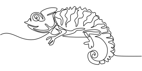 Continuous one line drawing of chameleon. Cameleon single line art vector illustration. Editable stroke, Single one curly line drawing of cute chameleon abstract art. Continuous line draw graphic.