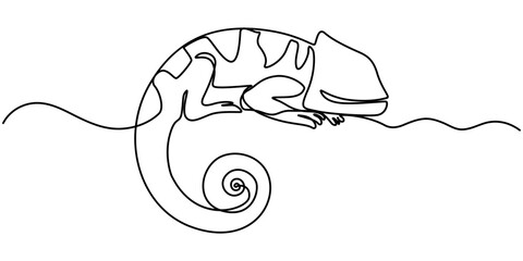 Continuous one line drawing of chameleon. Cameleon single line art vector illustration. Editable stroke, Single one curly line drawing of cute chameleon abstract art. Continuous line draw graphic. © line draw
