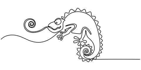 Continuous one line drawing of chameleon. Cameleon single line art vector illustration. Editable stroke, Single one curly line drawing of cute chameleon abstract art. Continuous line draw graphic.