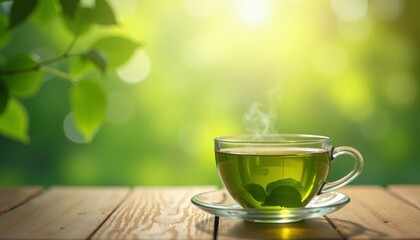 Green tea in a glass mug on wooden table against blurred green background, close up. Healthy drink. Space for text