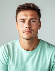 Obraz premium Man in Light Mint T-Shirt Looking at Camera