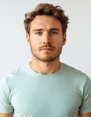 Fototapeta premium Man in Light Mint T-Shirt Looking at Camera, Waist Portrait on White Background - Ideal for Lifestyle, Fashion, or Profile Photography
