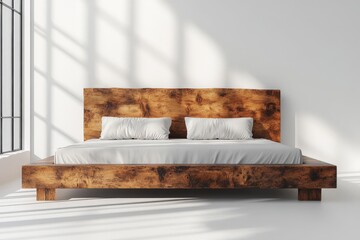 A modern wooden bed with white bedding in a bright room with natural light.
