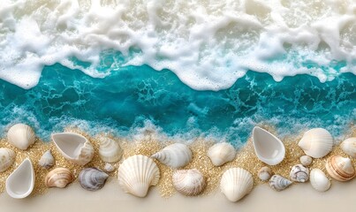 Seashells on sandy beach with ocean wave.