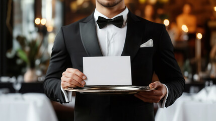 Elegant waiter presents a blank card on a silver tray in an upscale restaurant setting during an evening service
