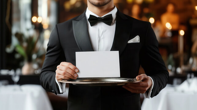 Elegant waiter presents a blank card on a silver tray in an upscale restaurant setting during an evening service