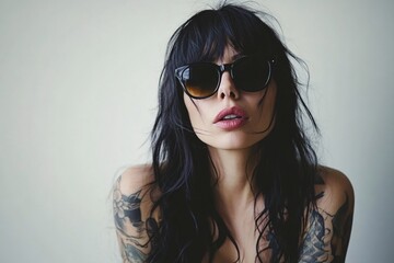 Stylish Woman with Tattoos and Sunglasses Posing in Soft Light Portrait Photography
